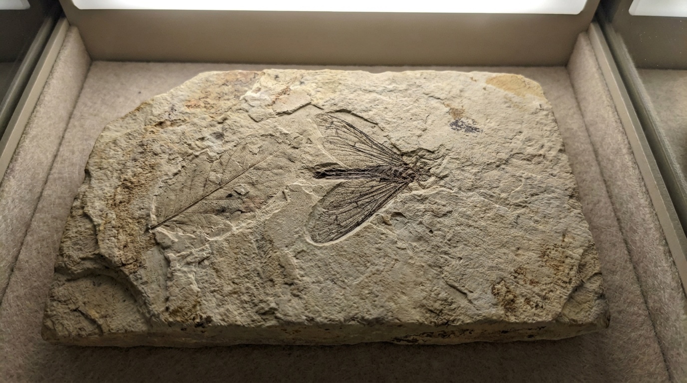 A finely detailed fossil insect and leaf impression in pale shale from Florissant, museum close-up, delicate preserved wing veins, soft even light