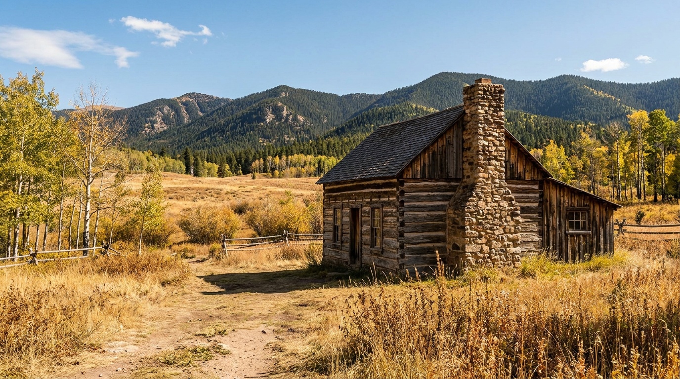 The historic 1870s Hornbek Homestead log cabin in a golden Colorado mountain meadow, aspens turning yellow, distant pine ridges, crisp fall light