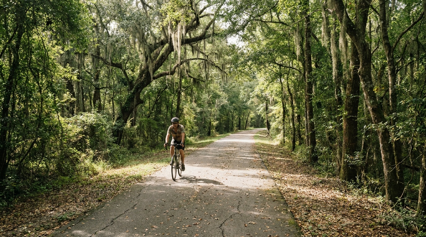 A cyclist riding the paved Tammany Trace rail-trail through a corridor of green trees near Fontainebleau State Park, dappled sunlight
