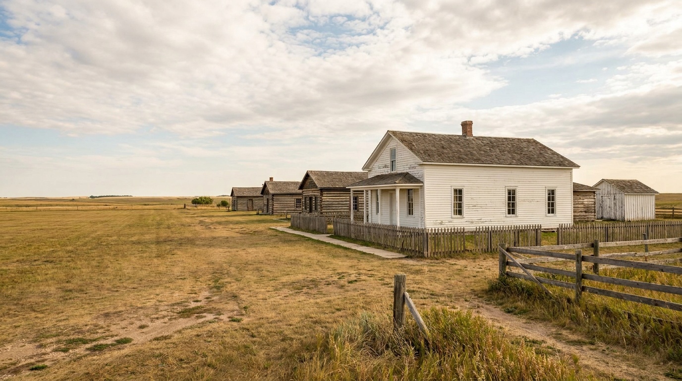 The reconstructed white Victorian Custer House and frontier cavalry post buildings at Fort Abraham Lincoln State Park under a big prairie sky, open grass parade ground, summer day