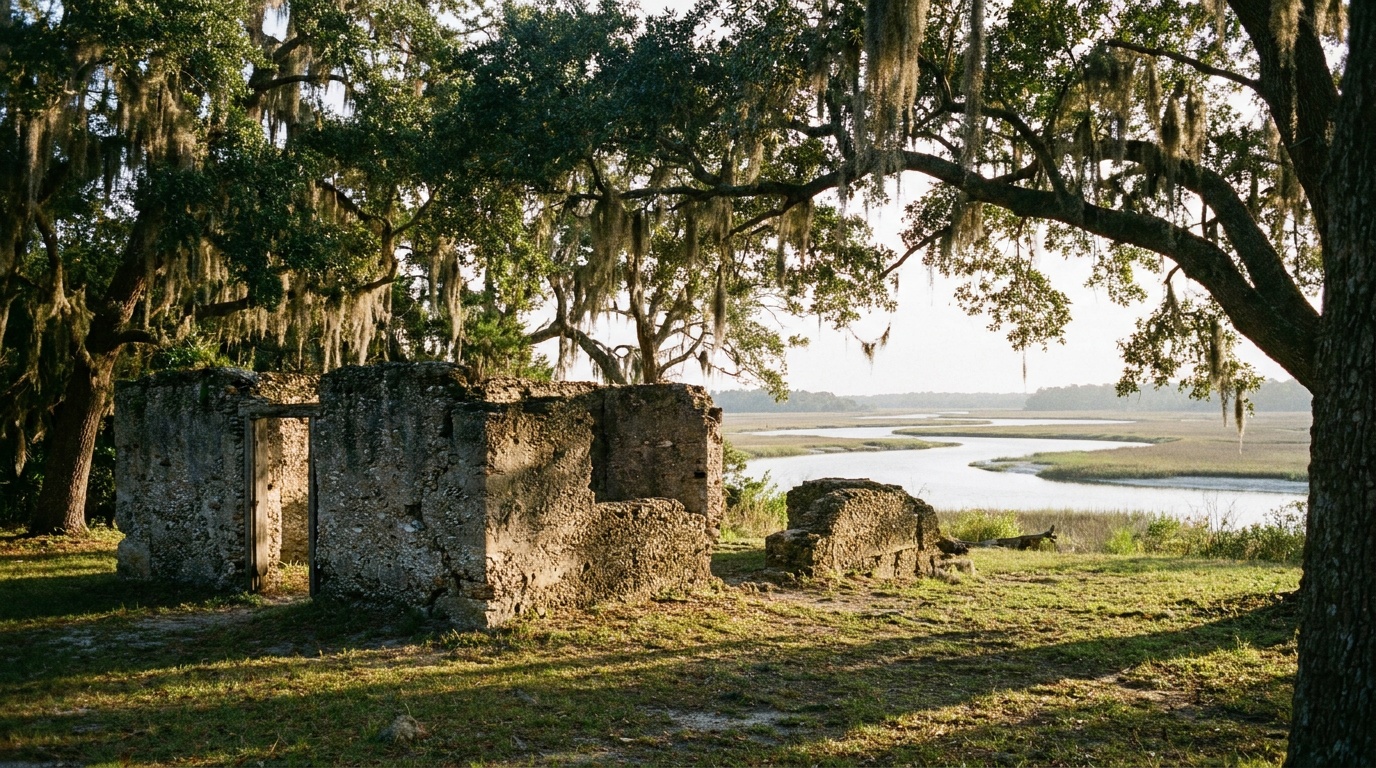 The tabby ruins of the Fort Frederica powder magazine beneath enormous live oaks draped in Spanish moss along the Frederica River on St. Simons Island, soft coastal light