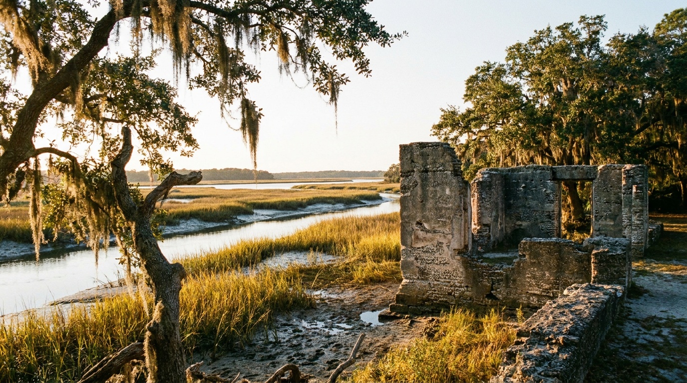 The Frederica River and surrounding green salt marsh at golden hour beside the fort ruins on St. Simons Island, Georgia coast