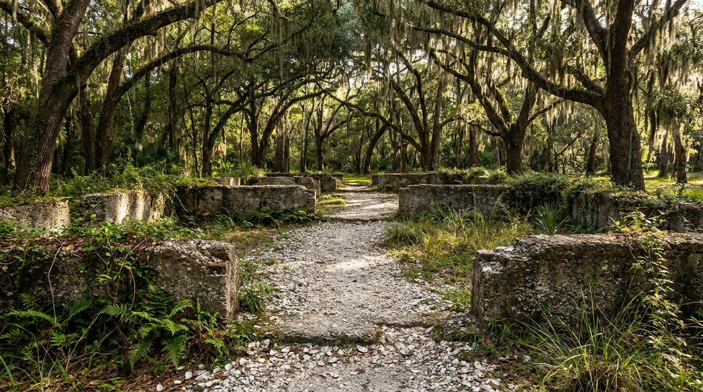 A crushed-shell path winding among the low tabby foundations of the colonial town of Frederica under a canopy of moss-hung live oaks