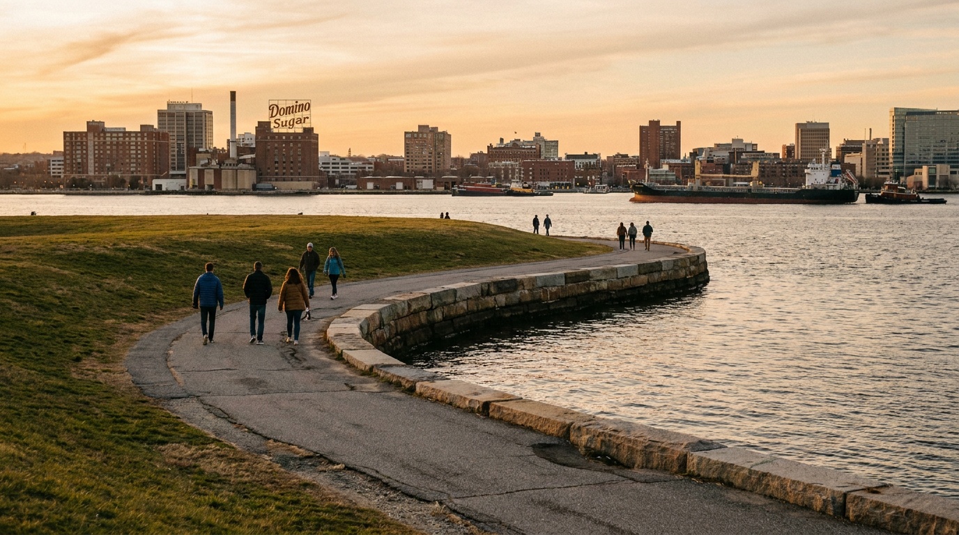 The flat paved seawall trail circling Fort McHenry's point with Baltimore Harbor, passing ships, and the city skyline across the water at golden hour