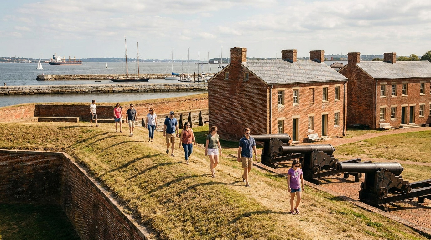 Visitors walking the grassy earthen ramparts of Fort McHenry, restored brick barracks and cannon, the harbor seawall and water beyond, bright daylight