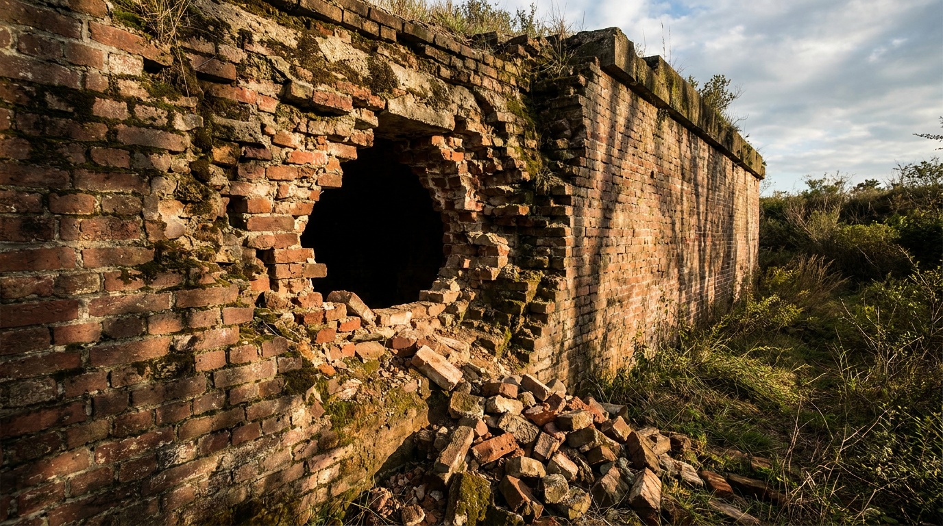 The breached brick wall of Fort Pulaski up close, jagged hole punched by rifled cannon, weathered red brick, dramatic side light showing damage detail