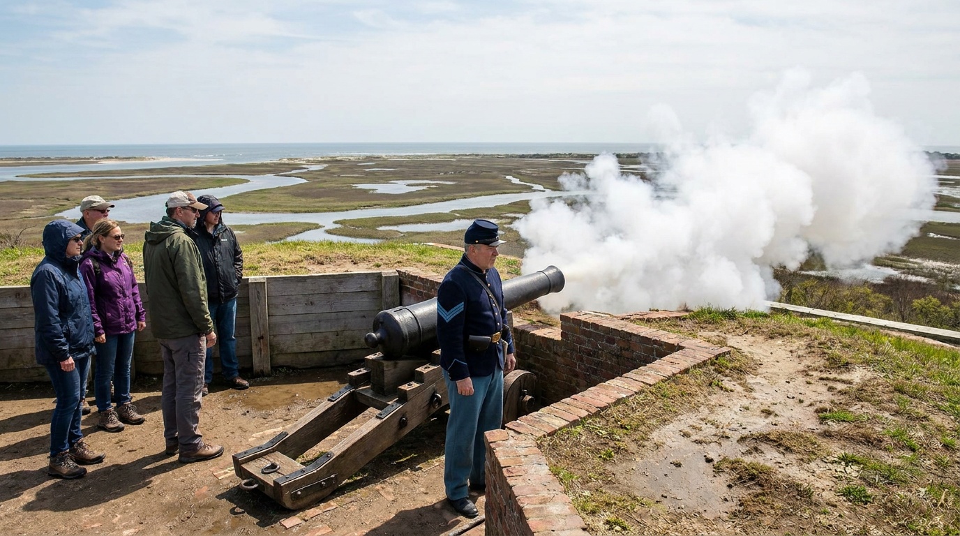 A Civil War era cannon firing demonstration on the fort ramparts, costumed ranger and a puff of white smoke, visitors watching, bright spring sky over the salt marsh