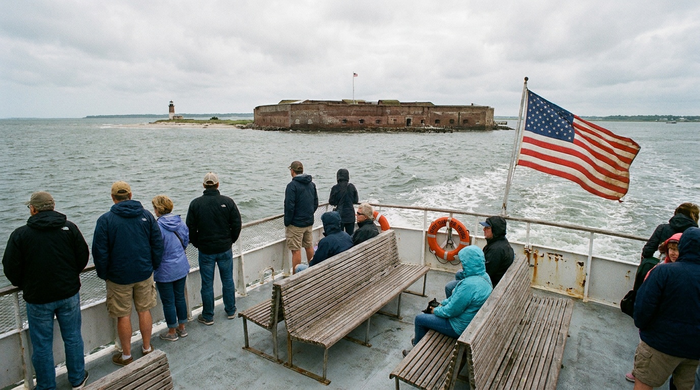 The concession ferry crossing Charleston Harbor toward Fort Sumter, passengers on the open deck, harbor breeze, the fort and lighthouse ahead