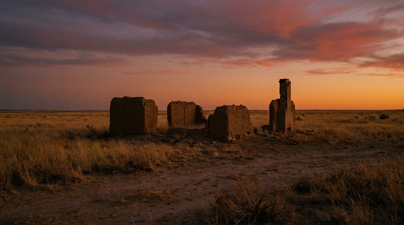 Sunset over the empty Fort Union prairie, silhouetted chimney and adobe wall fragments against a glowing orange and purple sky