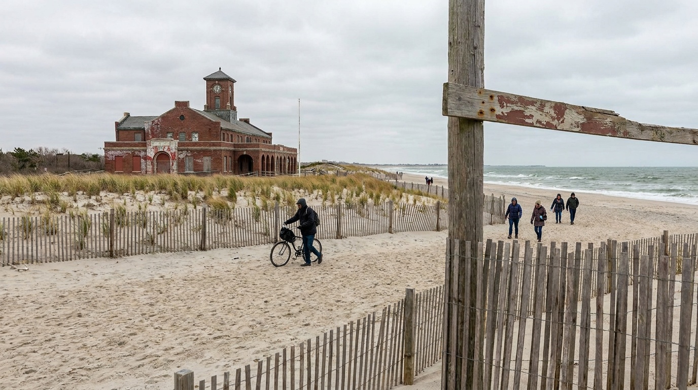 Jacob Riis Park beach and the historic bathhouse in Queens