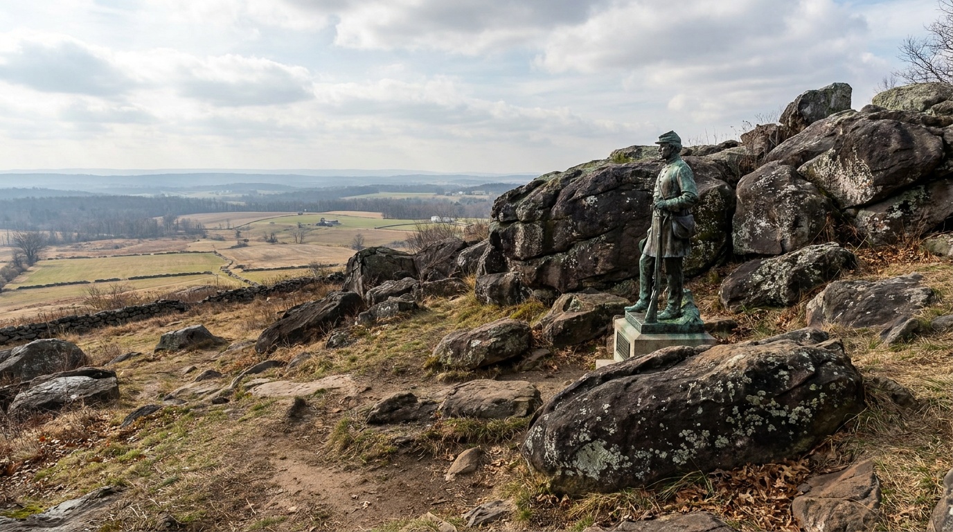 The boulder-strewn slope of Little Round Top at Gettysburg, with a bronze monument and a wide view over the battlefield valley below
