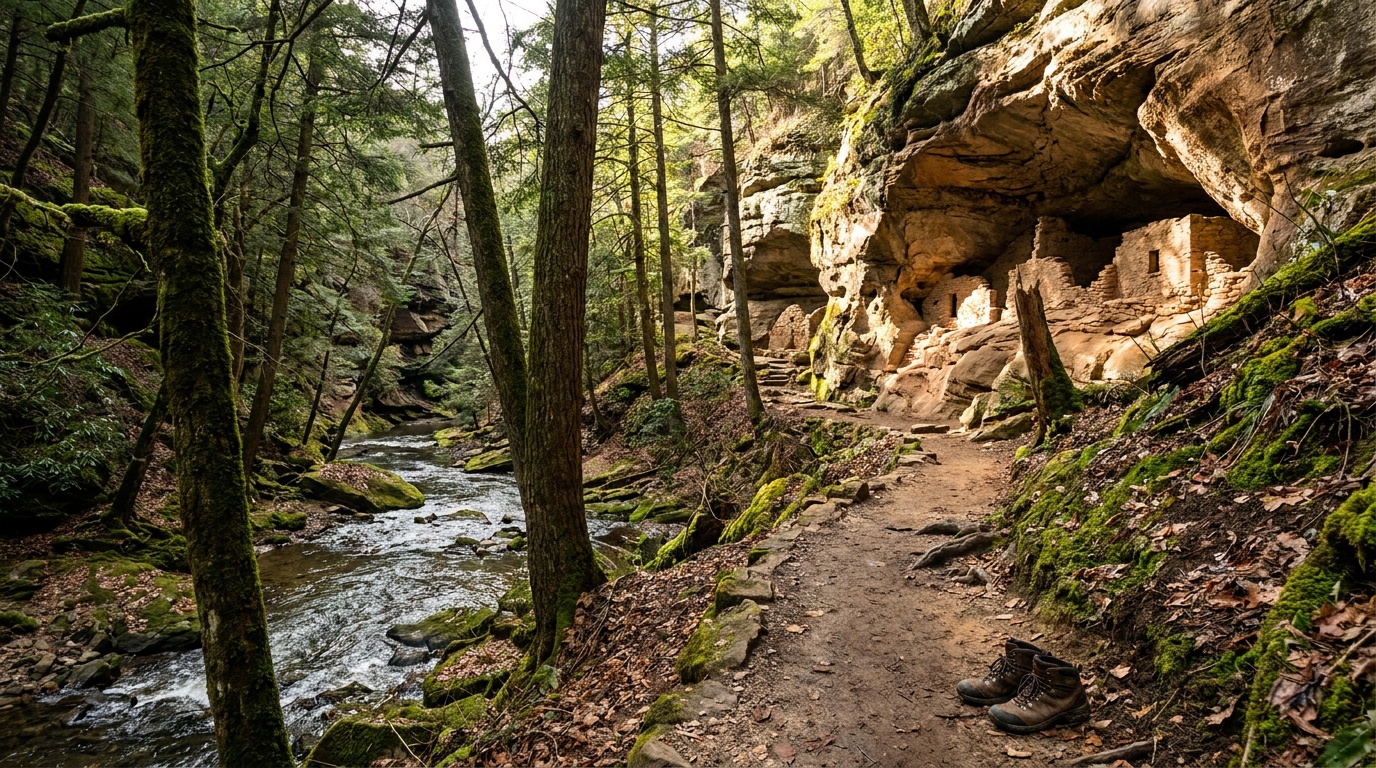 Forested canyon and creek along the Cliff Dwellings Trail approach