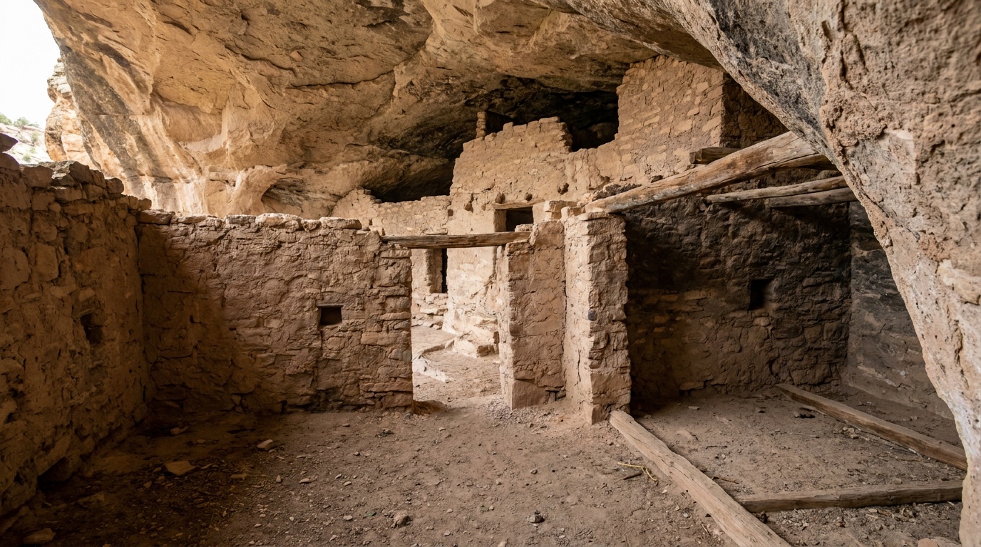 Interior stonework of the Gila cliff dwellings inside a cave alcove
