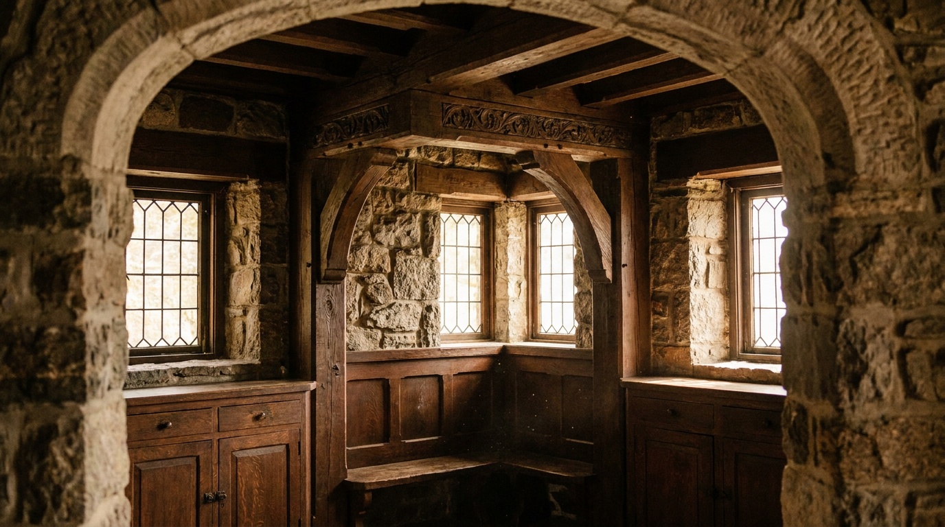 Detail of Gillette Castle's hand-carved dark woodwork and rough stone interior arches, warm interior light through small leaded windows, intricate craftsmanship, photorealistic interior photography