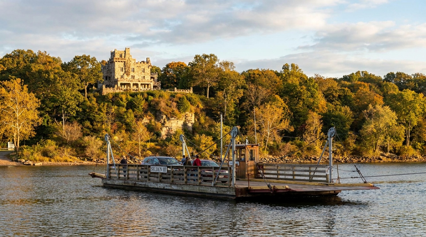 The historic Chester-Hadlyme cable ferry crossing the Connecticut River below Gillette Castle in late afternoon light, the castle visible on the wooded bluff above, calm river, photorealistic