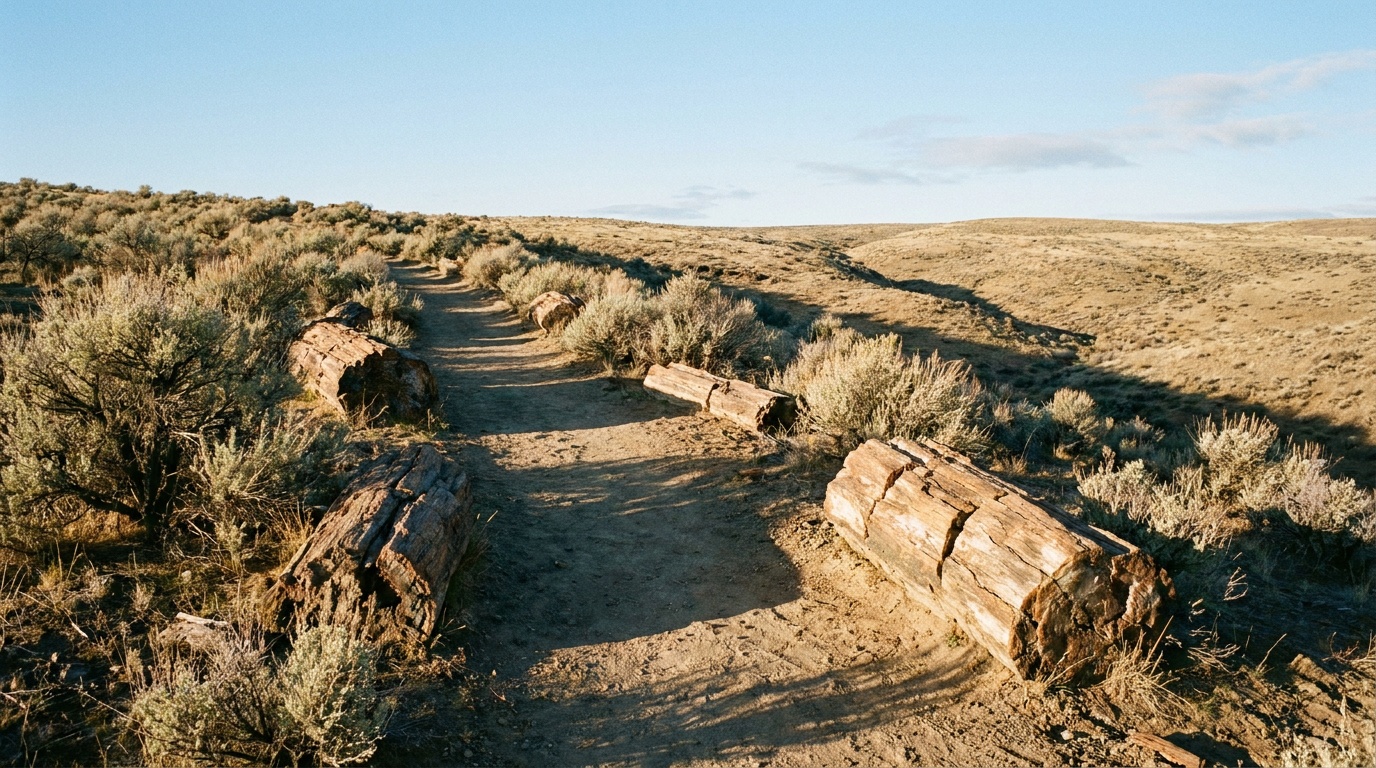 A desert interpretive trail winding through sagebrush past exposed petrified logs, low morning sun casting long shadows, arid Columbia Plateau landscape