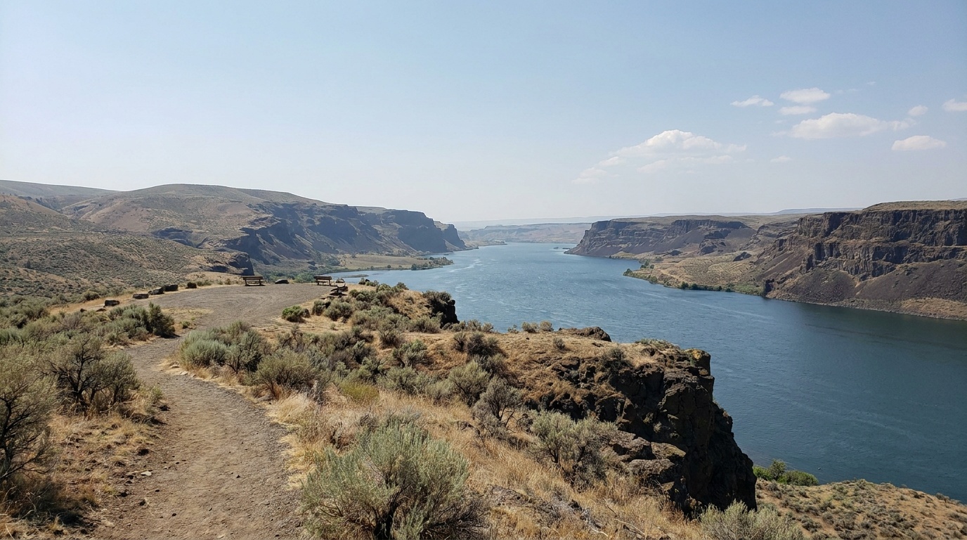 A sweeping view of the Columbia River cutting through basalt canyon walls near Vantage, high-desert bluffs and blue water, clear day