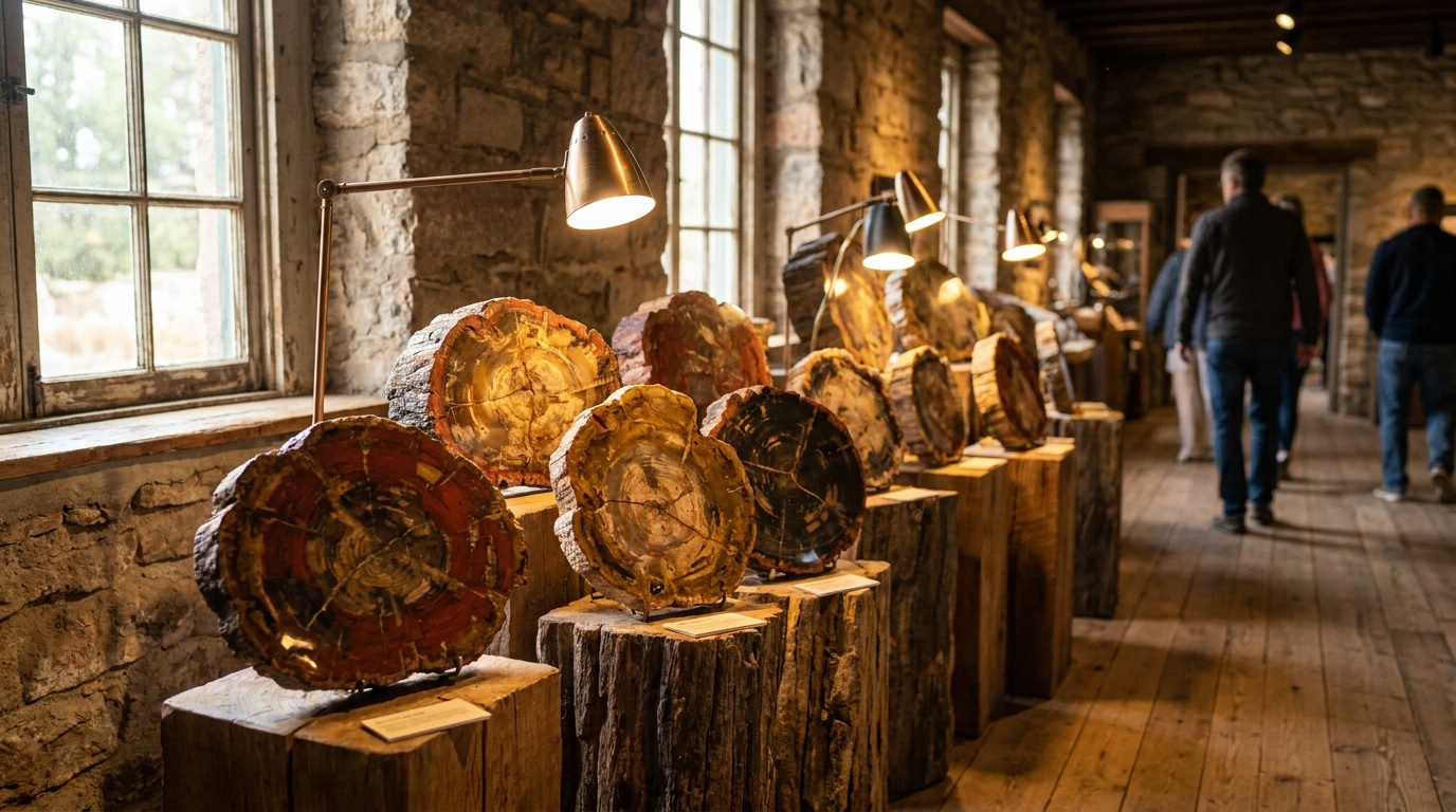 Polished colorful slices of 15-million-year-old petrified wood on display, rich reds, golds, and blacks revealing ancient tree rings, museum-style lighting