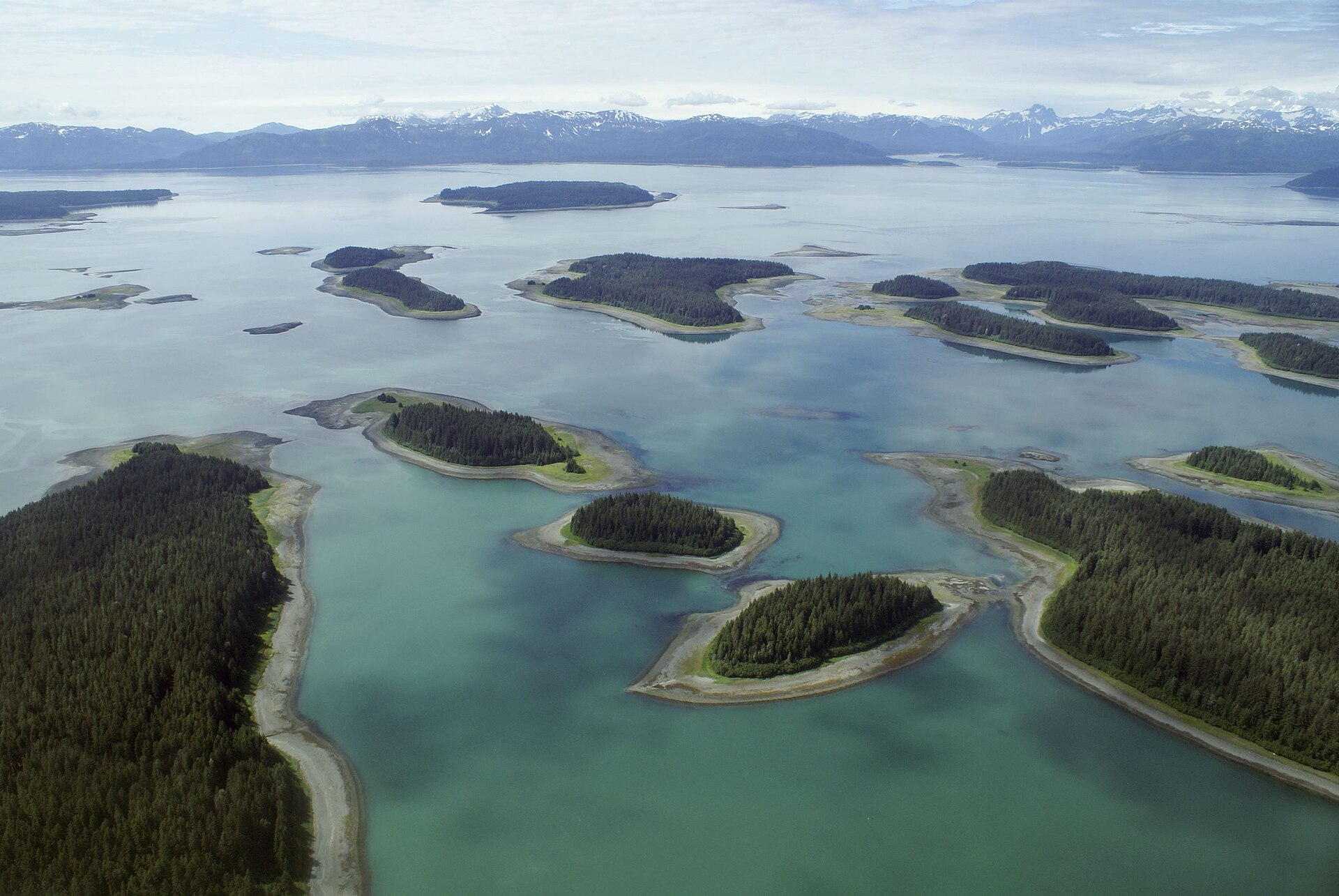 Aerial view of the low Beardslee Islands in Glacier Bay