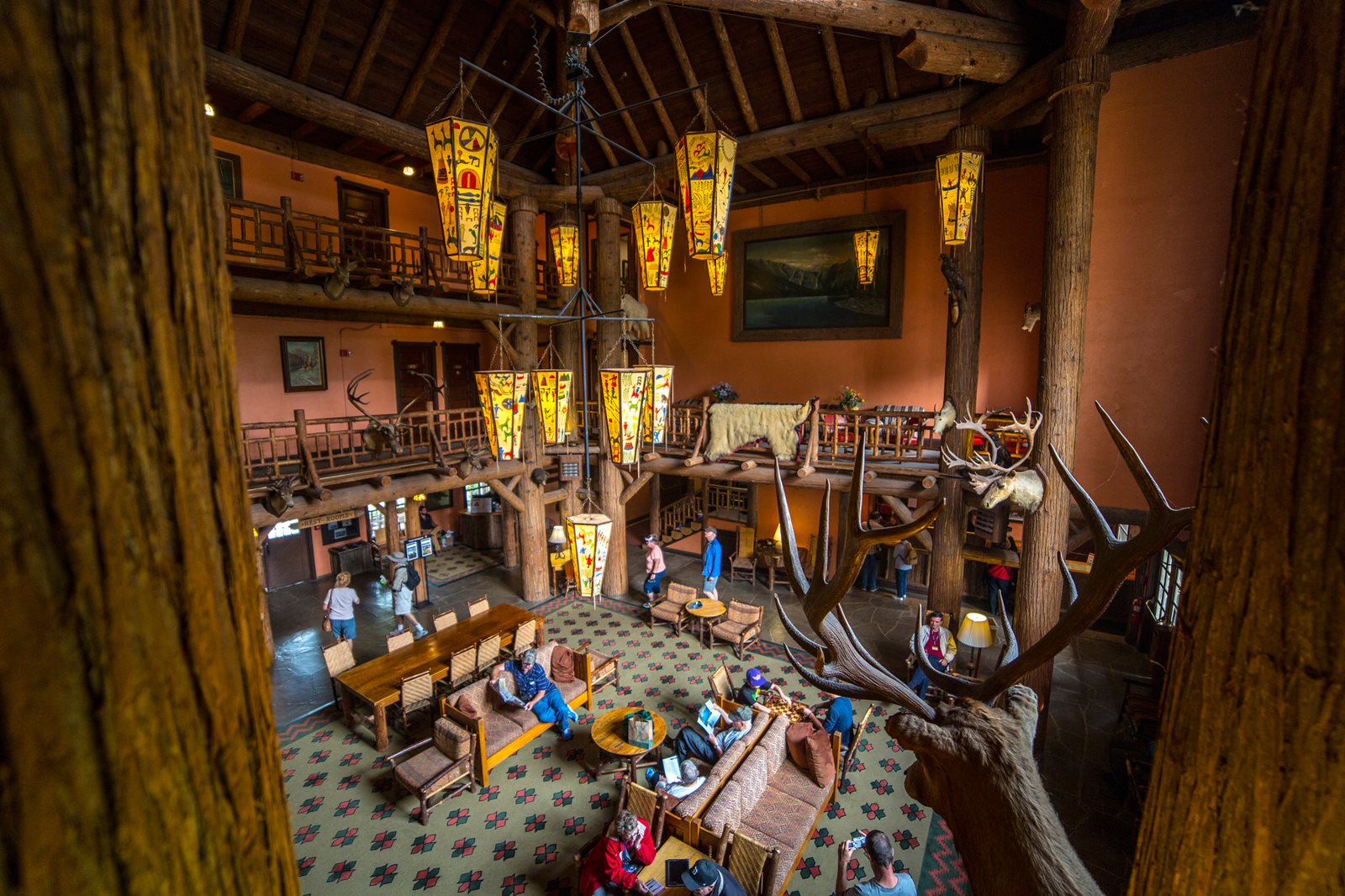 Historic Lake McDonald Lodge lobby from the balcony