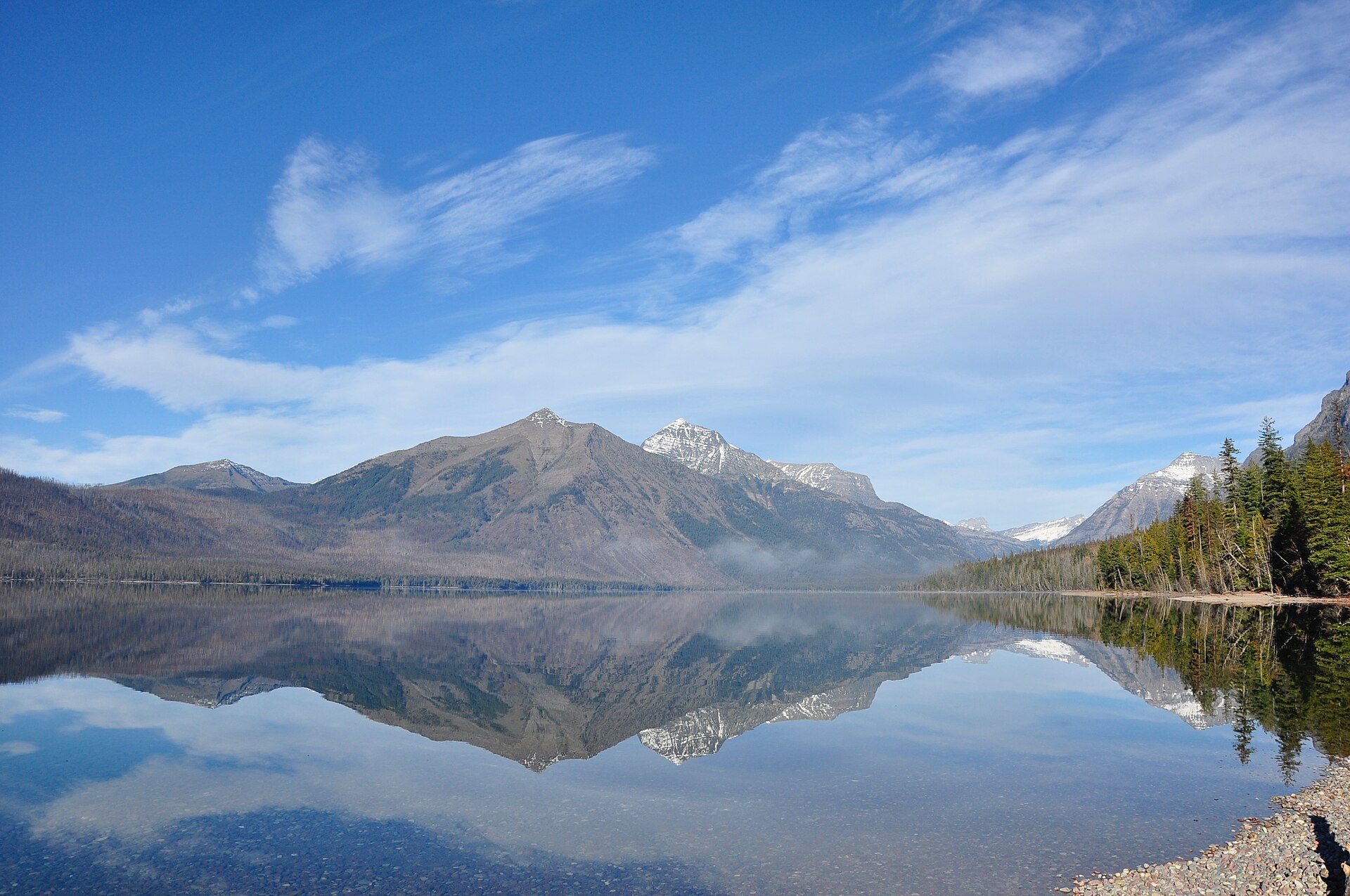 Clear Lake McDonald water with forested mountains beyond