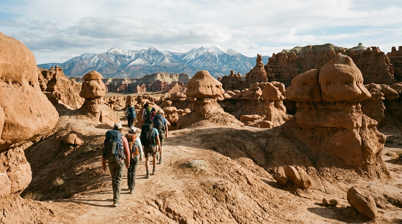 Hikers walking among hoodoos in the Goblin Valley basin with the Henry Mountains beyond