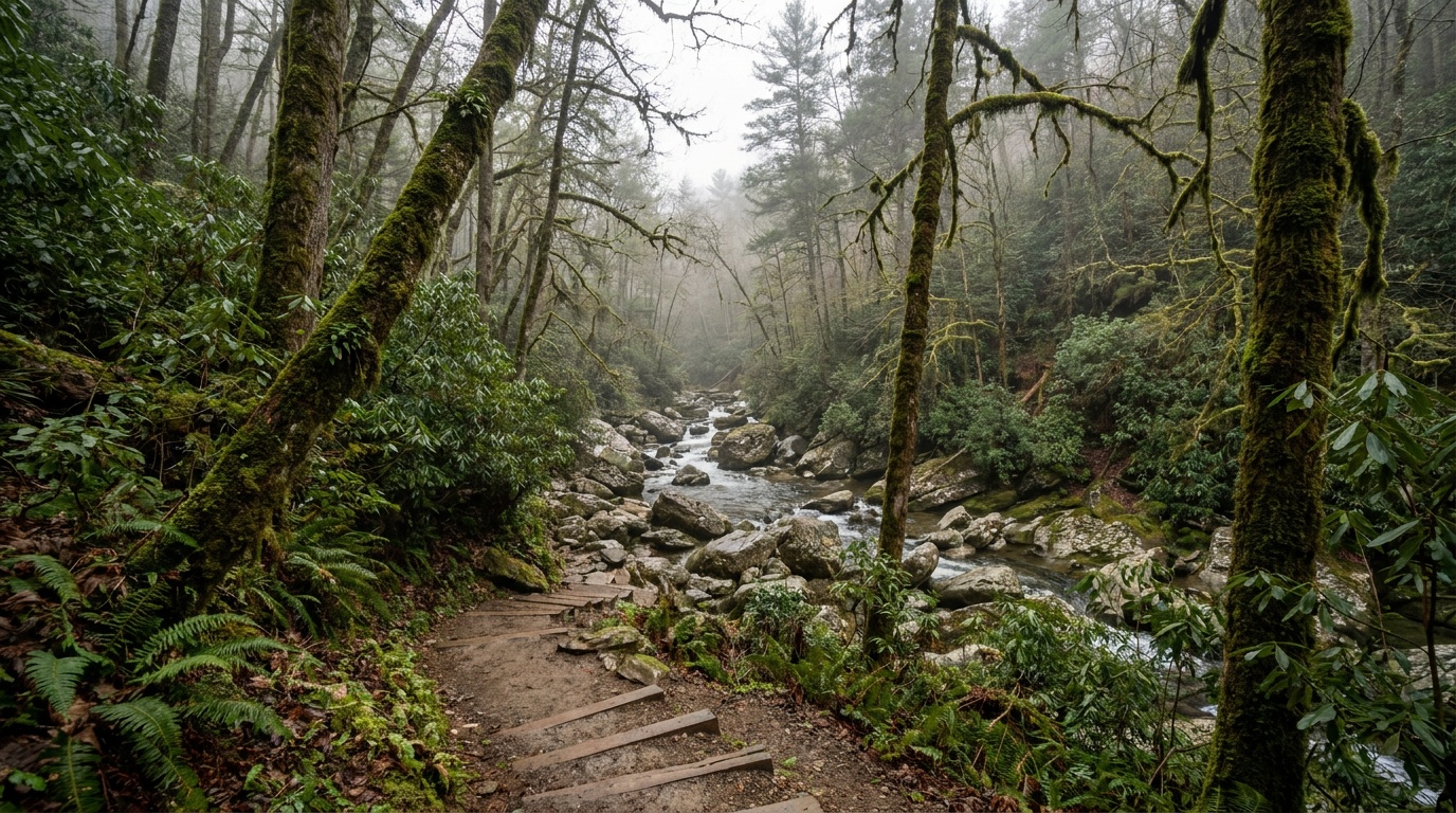 Lush temperate-rainforest gorge and forested slopes at Gorges State Park
