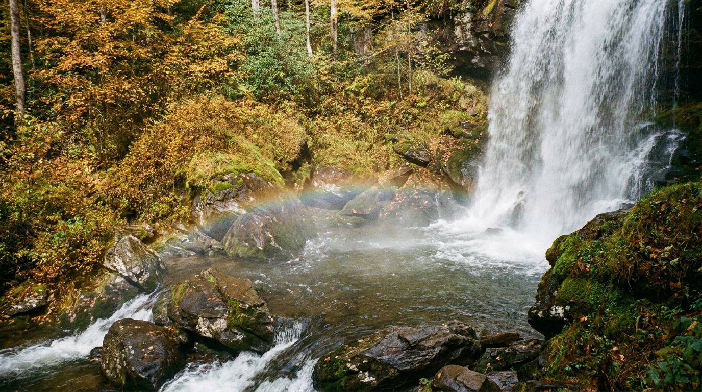 Mist and rainbow at the base of Rainbow Falls on the Horsepasture River