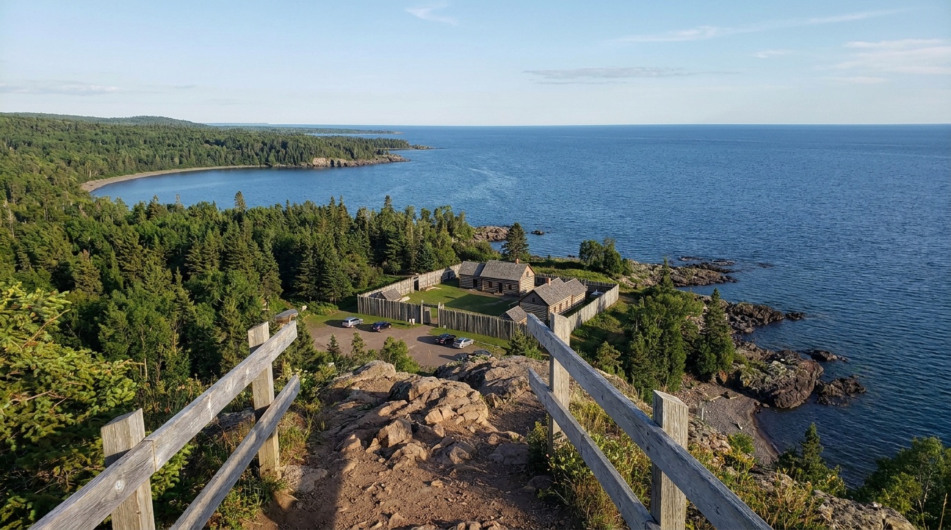 The view from the Mount Rose Trail overlook above the depot, the stockade and Lake Superior spread out below, boreal forest and Grand Portage Bay, clear day