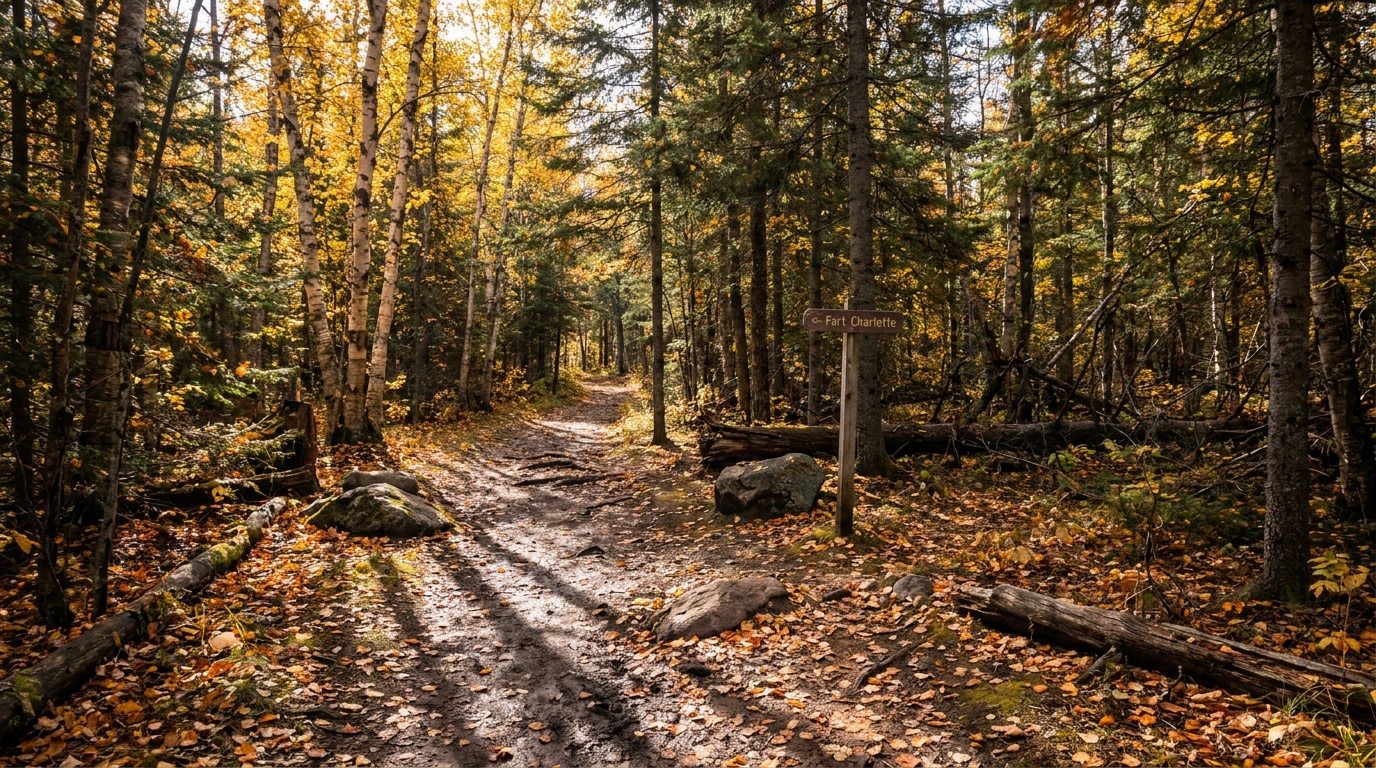 The historic Grand Portage trail through northern Minnesota forest, a narrow earthen path under birch and pine heading inland toward Fort Charlotte, dappled light, autumn color