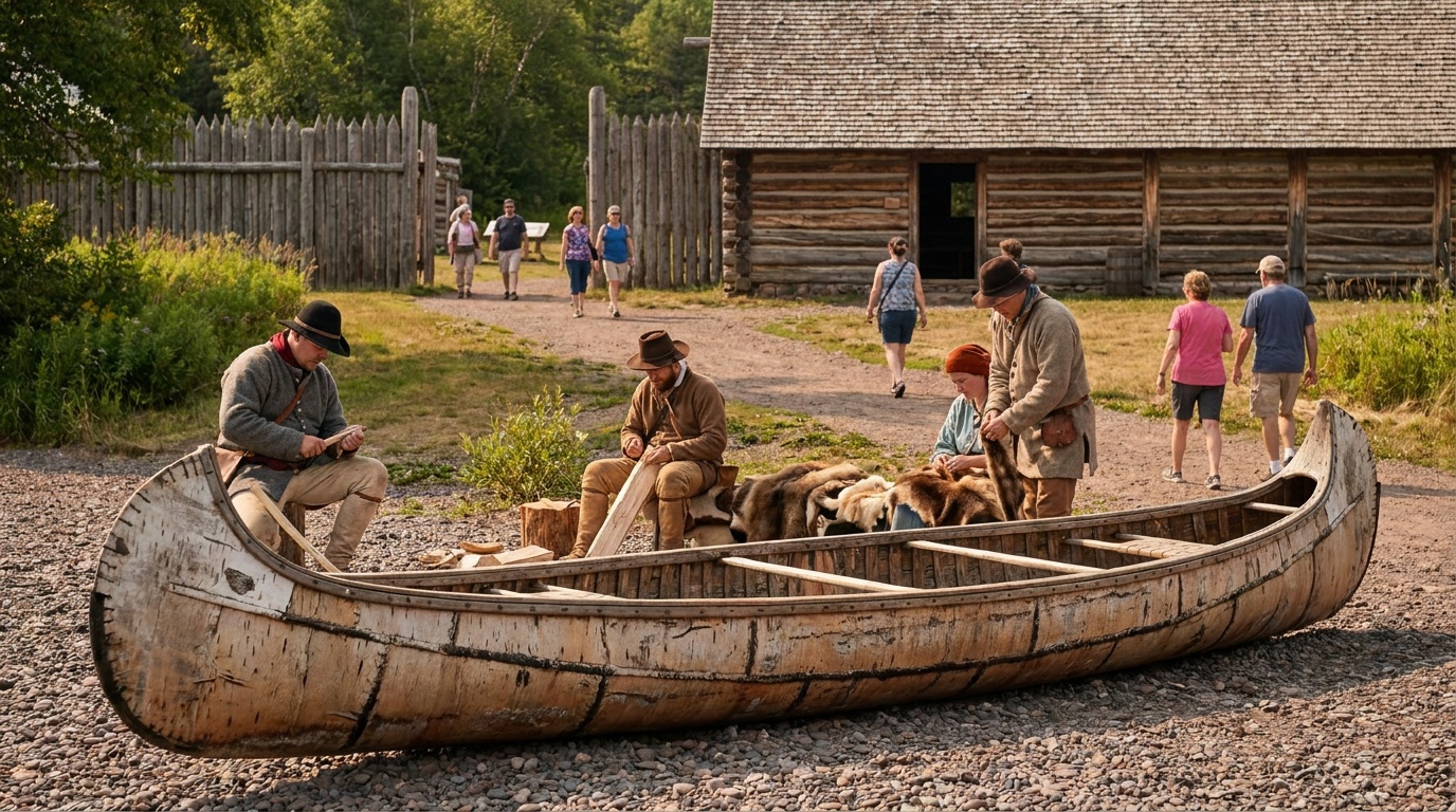 Costumed historical interpreters at the Grand Portage depot demonstrating fur-trade life, a birchbark voyageur canoe, the great hall and palisade, summer afternoon