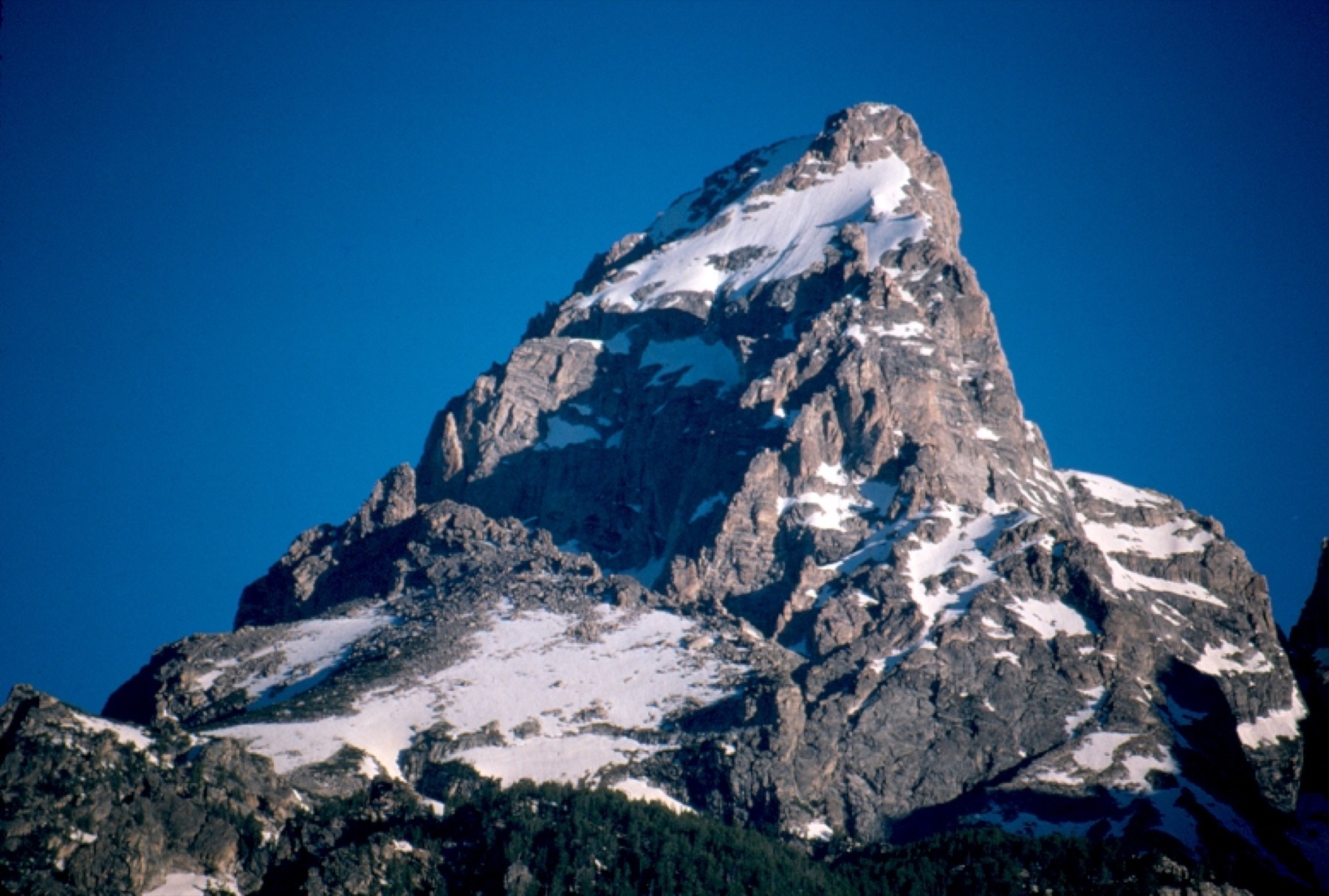 The snow-streaked summit of Grand Teton