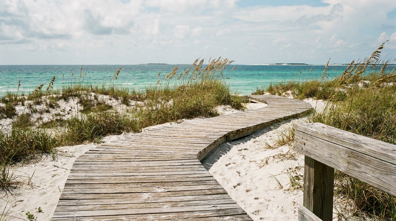 A boardwalk crossing low coastal dunes and sea oats toward the emerald Gulf at Opal Beach on the Santa Rosa shoreline