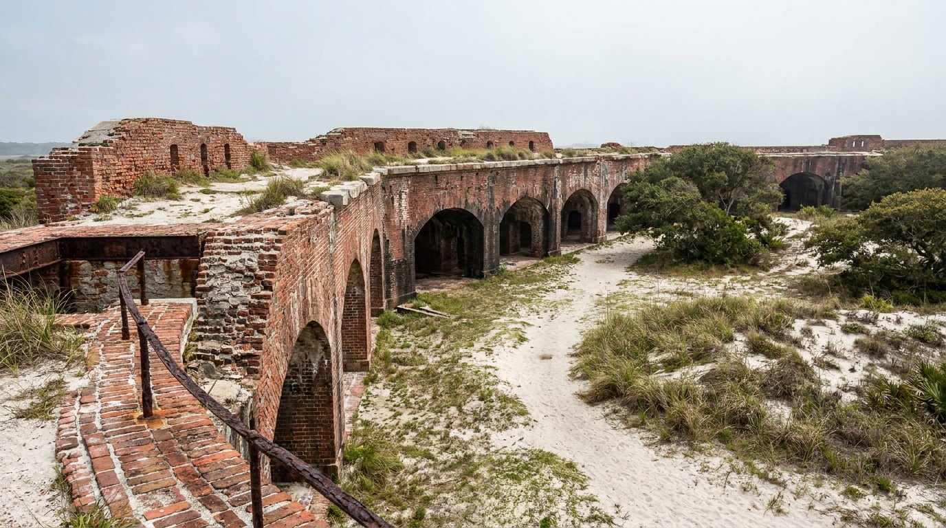 The massive weathered red-brick walls and arched casemates of historic Fort Pickens on Santa Rosa Island near Pensacola