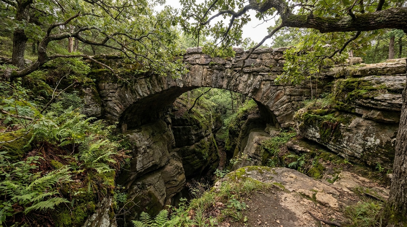 The 100-foot natural stone arch bridge of Ha Ha Tonka spanning a deep mossy ravine, ferns and oak trees framing the opening.