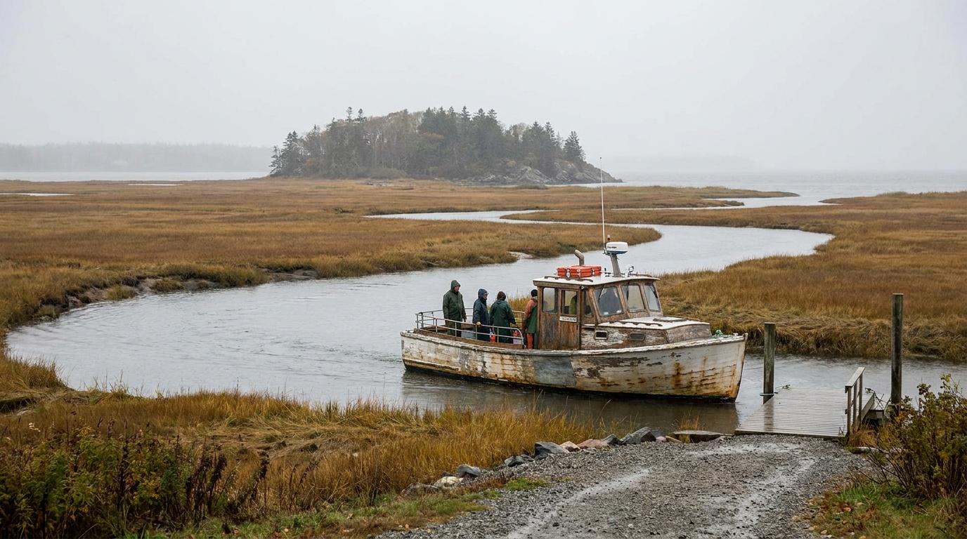 The passenger ferry crossing the salt marsh to Bear Island