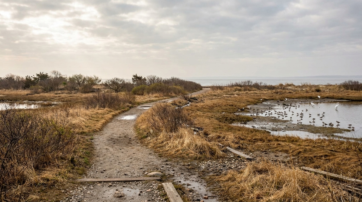 A flat salt-marsh and coastal moraine trail at Hammonasset Beach State Park during spring bird migration, tall marsh grass, shorebirds, distant water, soft morning light, photorealistic nature photography