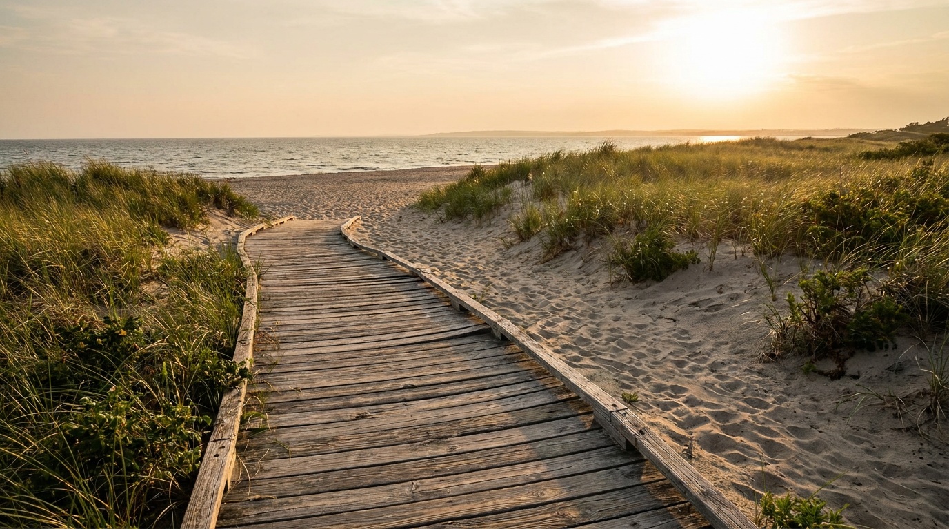 A boardwalk over coastal dunes at Hammonasset Beach State Park leading toward the beach at golden hour, weathered planks, beach grass swaying, warm low sun over the Sound, photorealistic