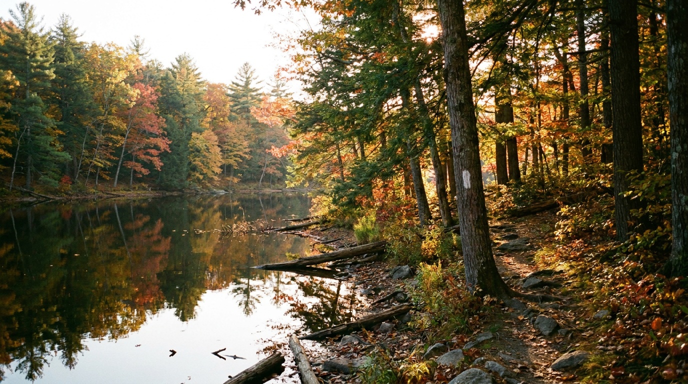A quiet backcountry lake surrounded by hemlock forest in Harriman State Park at golden hour, still reflective water, a faint blazed footpath along the shore, autumn foliage edges, photorealistic