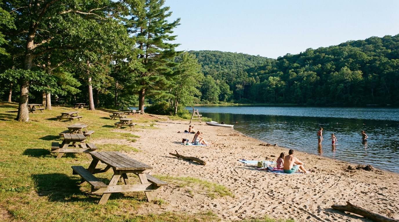 A sandy lakeside swimming beach at Lake Tiorati in Harriman State Park on a clear summer afternoon, calm water reflecting green wooded hills, picnic tables under shade trees, warm natural light, photorealistic