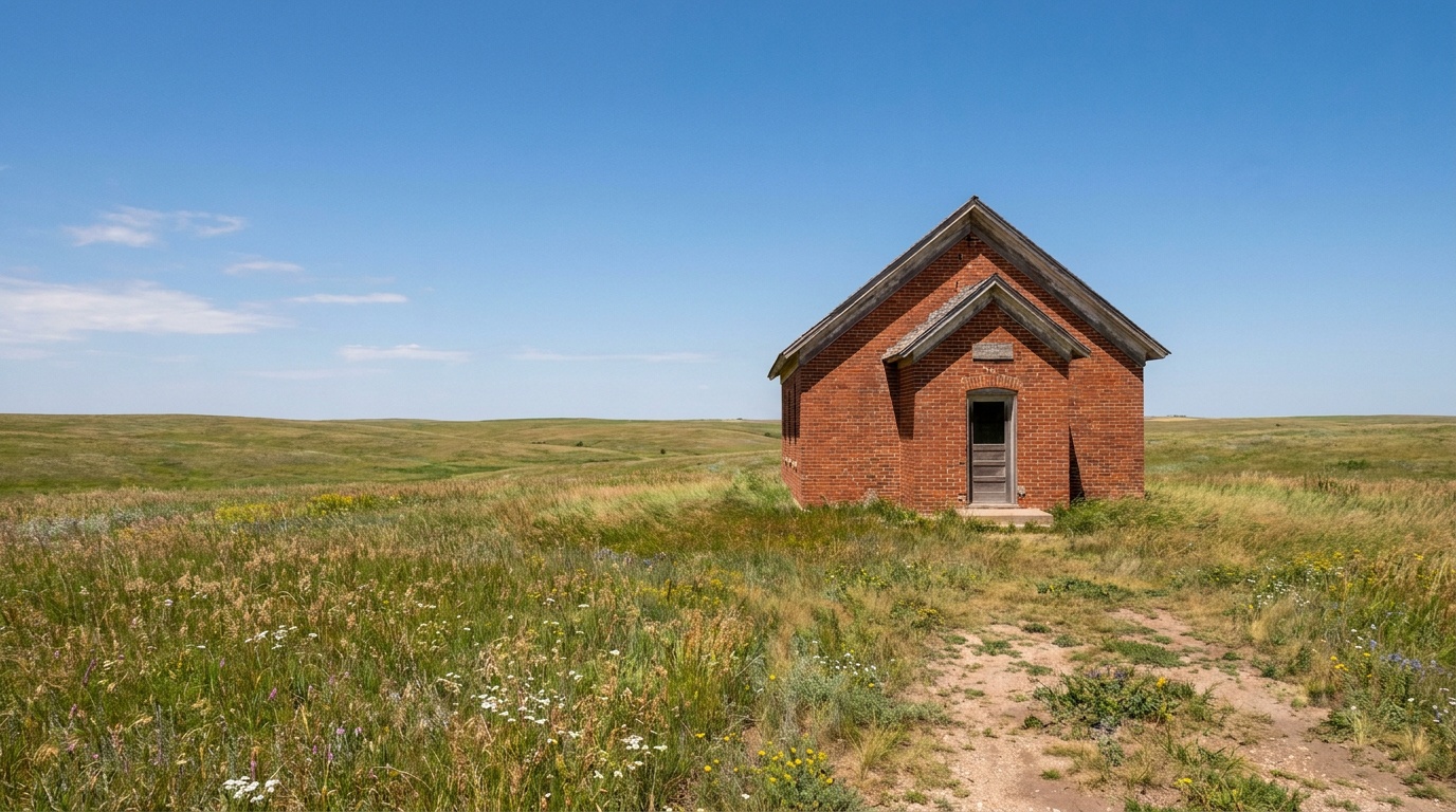 The restored 1872 one-room brick Freeman School standing alone on the Nebraska prairie under a big blue sky