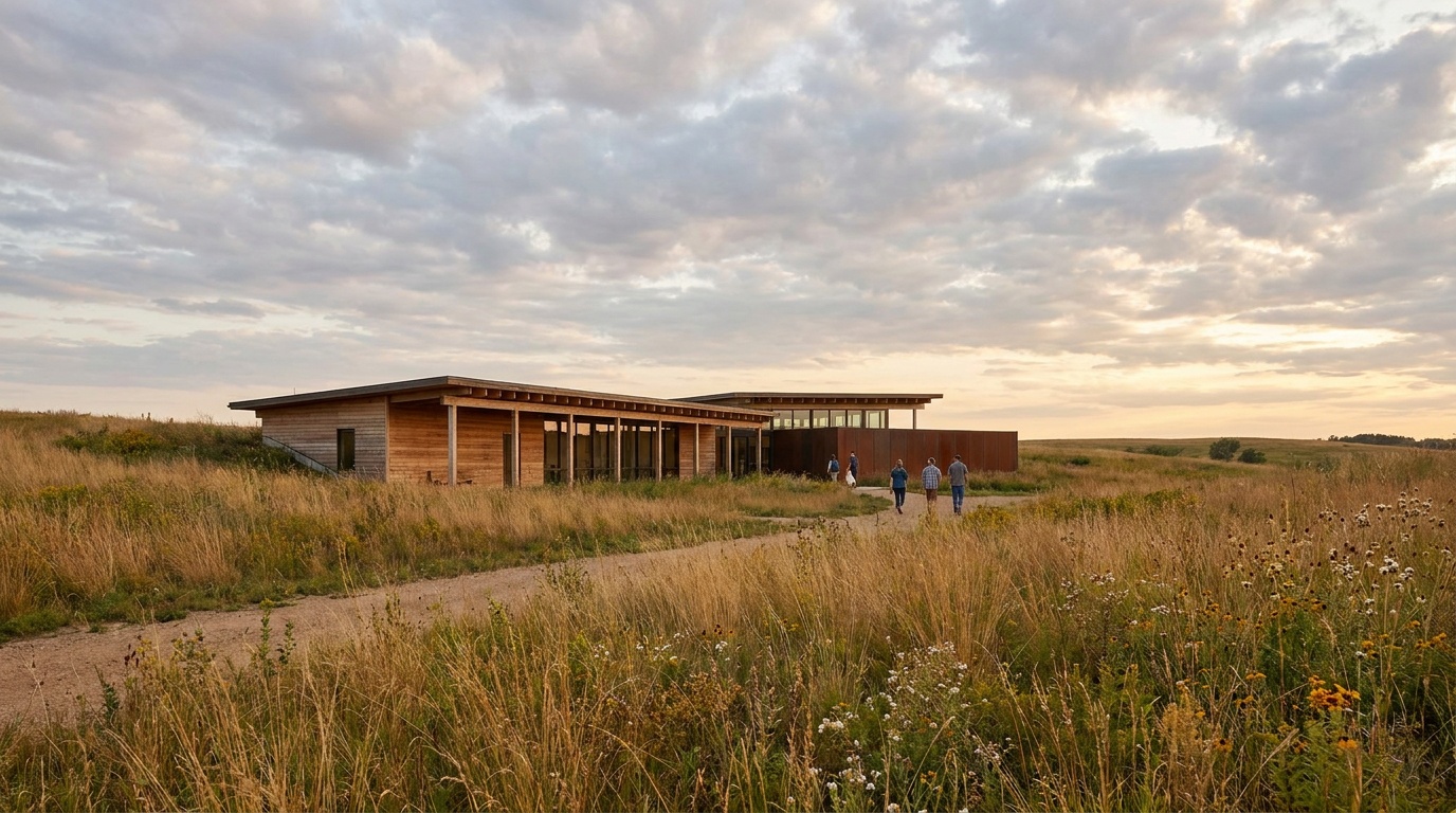 The modern Homestead Heritage Center building set against restored prairie grass and a dramatic plains sky