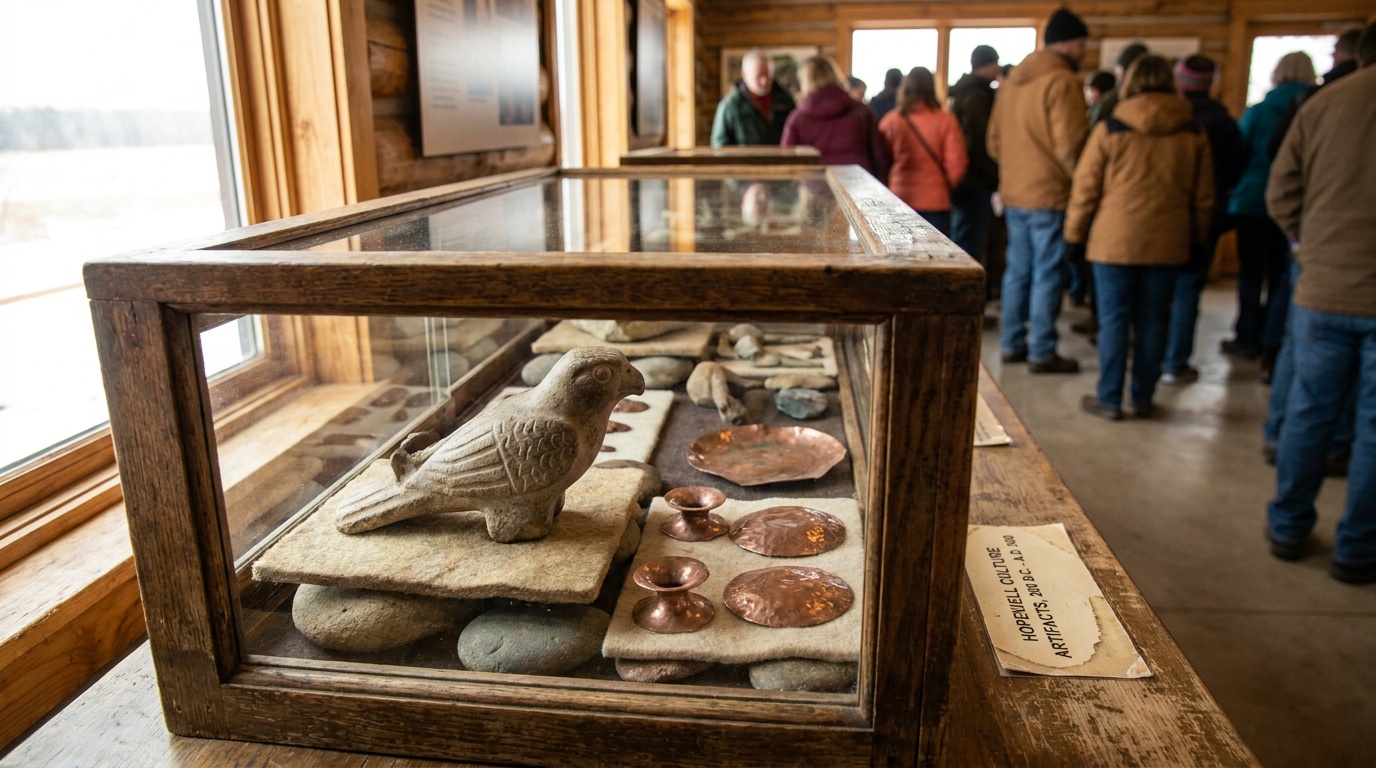 Carved Hopewell effigy pipe and copper artifacts displayed in the visitor center museum
