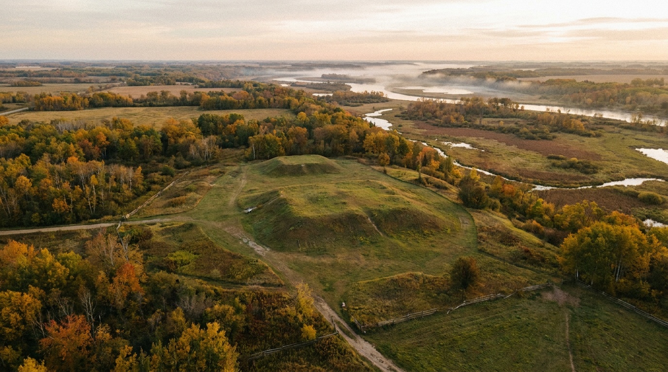 Aerial-style view over the symmetrical earthwork mounds and surrounding river-bottom land in autumn