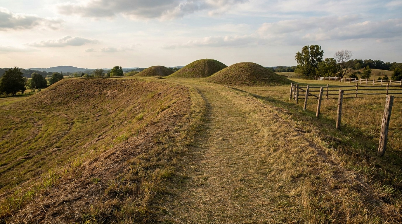 A mowed walking path leading along the earthwork embankment toward the rows of conical mounds