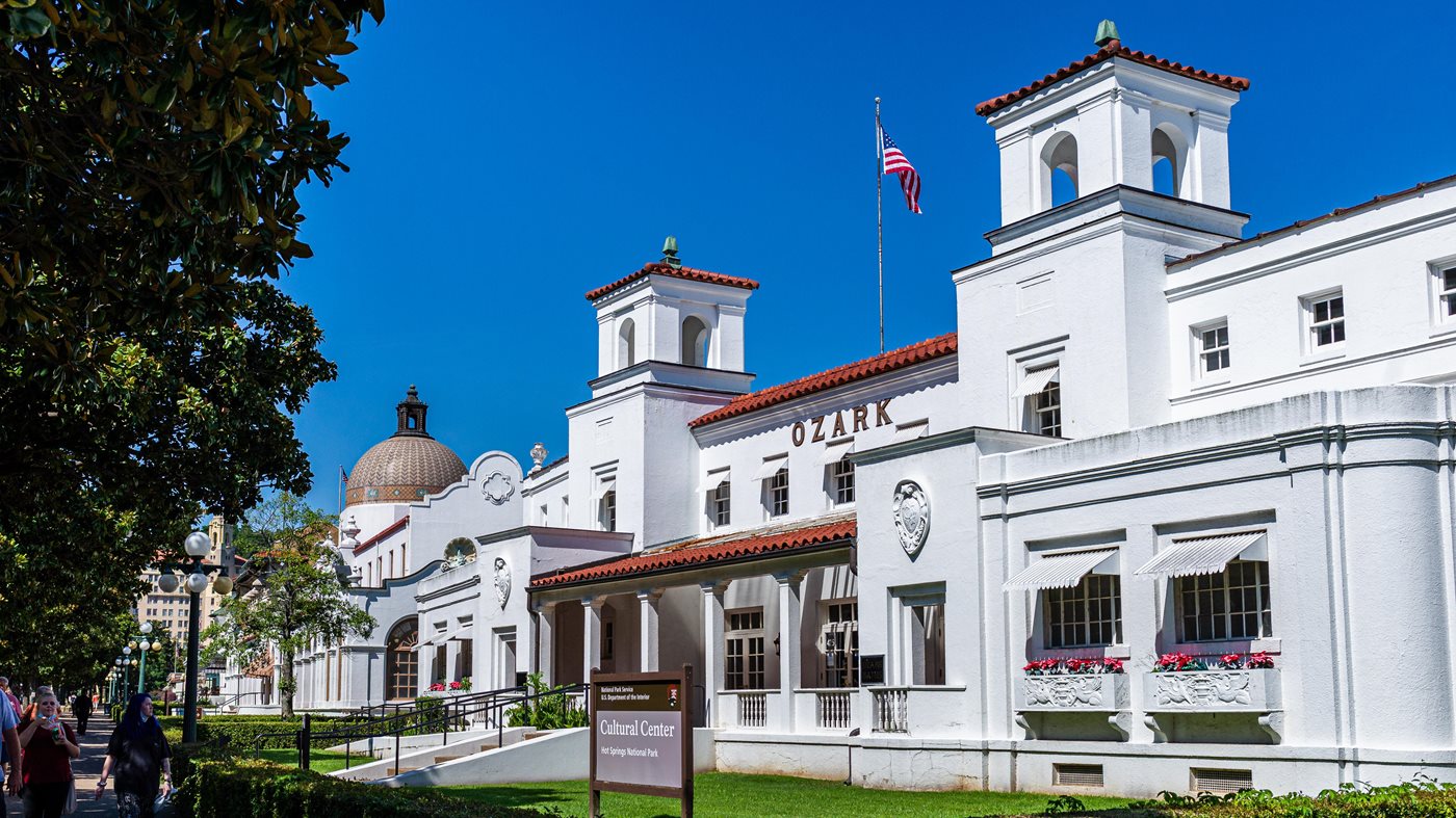 Visitors outside the Fordyce Bathhouse on Bathhouse Row
