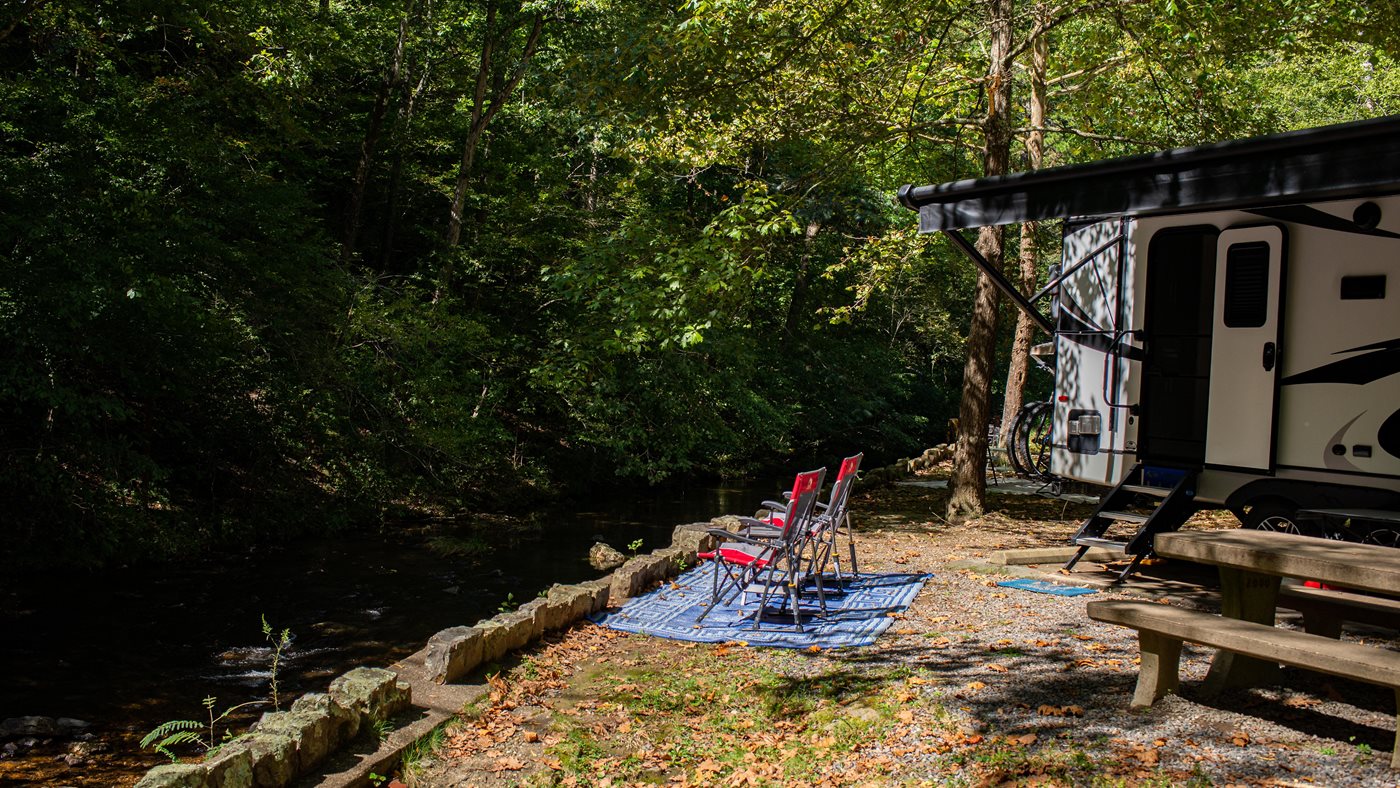 Camp chairs beside an RV at Gulpha Gorge Campground