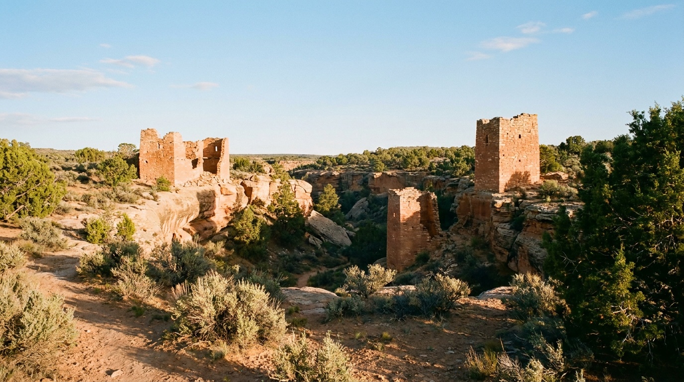Hovenweep Castle and Square Tower, ancestral Puebloan stone towers perched on the rim and boulders of a small canyon at golden hour, high desert sagebrush, warm sandstone glowing, clear sky