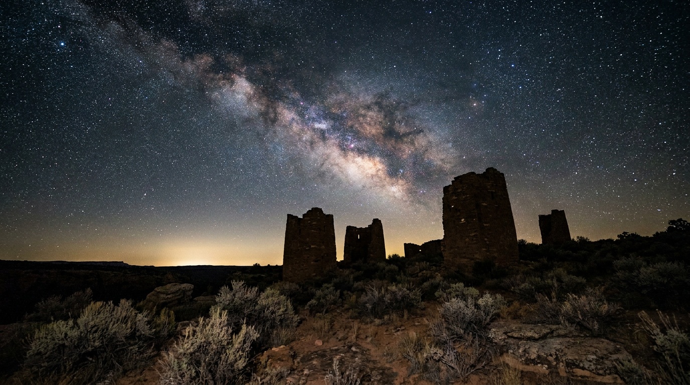 Night sky over Hovenweep with the Milky Way arching above silhouetted stone towers, International Dark Sky Park, stars dense and sharp