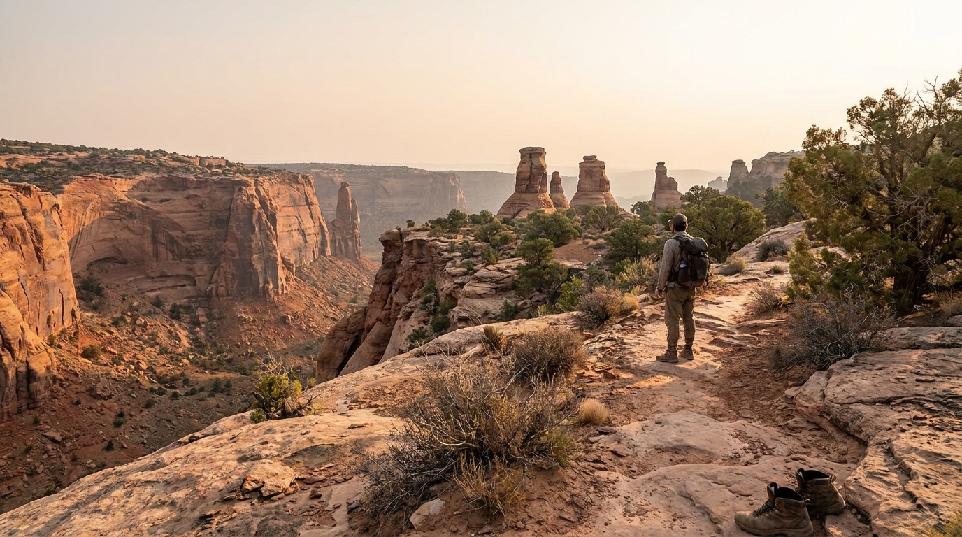 A hiker on the Little Ruin Canyon rim trail looking across at the standing stone towers, slickrock and juniper, soft morning light, sense of remoteness